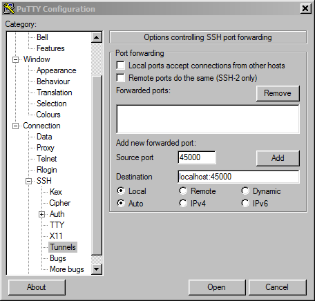 setting the source and destination ports in PuTTY
