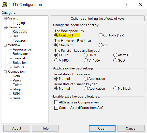 Set backspace key to Control H